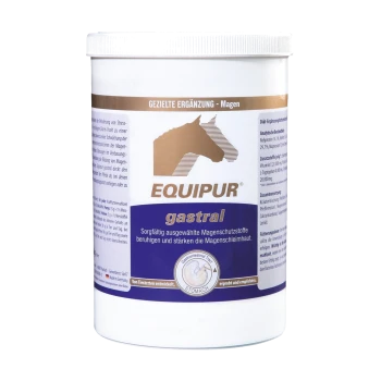 Behälter von EQUIPUR gastral, einem Pferdepräparat für die Magen-Gesundheit, mit einer Pferdesilhouette und detaillierten Nährwertinformationen.