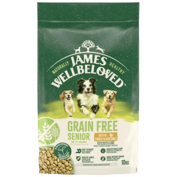 James Wellbeloved Grain Free Senior dog food, rich in turkey & vegetable, hypoallergenic, 10kg bag with images of three dogs.