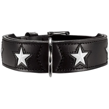Halsband Magic Star schwarz 37 cm Schwarzes Leder-Haustierhalsband mit silbernen Sternverzierungen und einer Metallschnalle.
