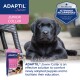 A black Labrador puppy on stone, with ADAPTIL Junior Collar packaging highlighting its vet-recommended use for new puppies.