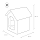 Illustration eines mittelgroßen Haustierhauses mit den Abmessungen: 38 cm Höhe, 32 cm Breite und 38 cm Tiefe, mit einem runden Eingang.