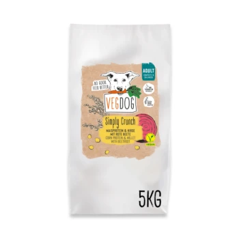 Tüte mit veganem Hundefutter mit der Aufschrift "VEGDOG Simply Crunch", 5kg, mit einem Cartoon-Hund und Zutaten wie Maisprotein und Rote Beete.