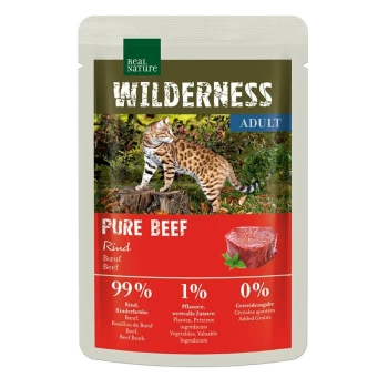 WILDERNESS Nassfutter Katze, Adult Pure Beef 12x85 g Verpackung von Wilderness Adult Pure Beef Haustierfutter mit einer Wildkatze in einer natürlichen Umgebung, mit 99% Rindfleisch, 1% Gemüse und 0% zugesetzten Getreiden.