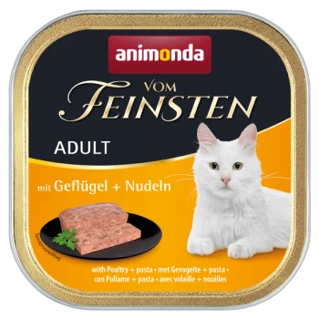 Katzenfutterdose mit Geflügel und Pasta, mit einer weißen Katze neben dem Produkt, gekennzeichnet mit 'animonda vom Feinsten Adult.'
