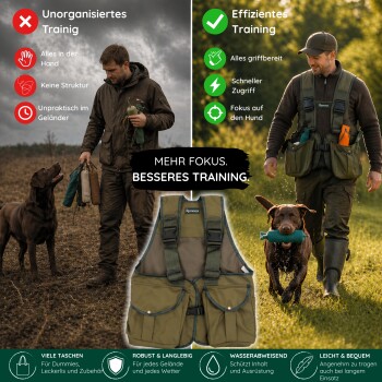 Person trägt grüne Outdoor-Weste mit mehreren Taschen und verstellbaren Riemen, hält die Vorderteile.