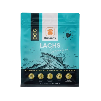 Hundefutterverpackung 'Balloony Lachs Superfood' mit Lachsillustration und dem Text 'Für eine ausgewogene Verdauung formuliert.'