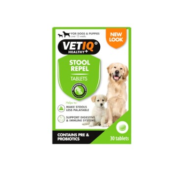 VetIQ Healthy+ Stool Repel Tablets for dogs and puppies over 12 weeks, contains pre & probiotics, 30 tablets, new look.