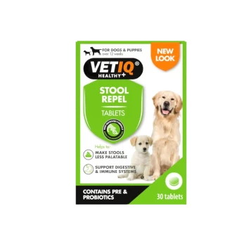 VetIQ Healthy+ Stool Repel Tablets for dogs and puppies over 12 weeks, contains pre & probiotics, 30 tablets, new look.