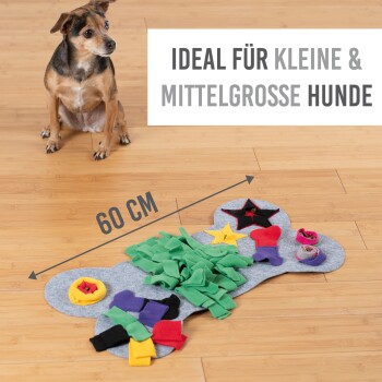 Ein kleiner brauner Hund sitzt neben einer bunten interaktiven Haustierspielmatte, die 60 cm misst, mit dem Text "IDEAL FÜR KLEINE & MITTELGROSSE HUNDE."