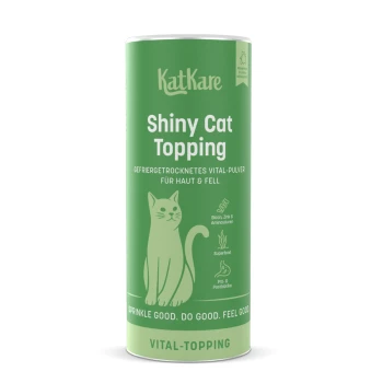 Grüne KatKare-Dose mit der Aufschrift 'Shiny Cat Topping', Katzenillustration, 'Vital-Topping' und dem Slogan 'Sprinkle good. Do good. Feel good.'