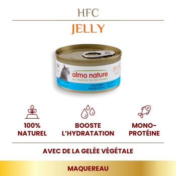 Boîte de nourriture pour chat Almo Nature HFC Jelly au maquereau, étiquetée 100% naturelle, boost d'hydratation et protéine unique.