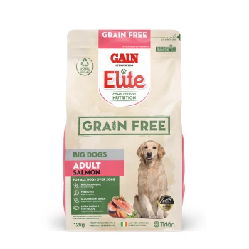 Gain Elite Grain Free dog food bag for big dogs, 12kg, featuring adult salmon formula with nutritional claims and a dog image.