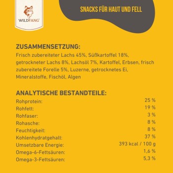 Snackverpackung für Haustiere, mit dem Logo "WILDFANG", mit Zutatenliste, die Lachs, Süßkartoffeln und Erbsen umfasst, sowie einer Nährwertanalyse.
