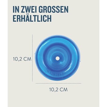 Blauer Hundespielzeug-Disk, 10,2 cm im Durchmesser, mit der Aufschrift 'IN ZWEI GROSSEN ERHÄLTLICH', was darauf hinweist, dass es in zwei Größen erhältlich ist.