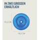 Blauer Hundespielzeug-Disk, 10,2 cm im Durchmesser, mit der Aufschrift 'IN ZWEI GROSSEN ERHÄLTLICH', was darauf hinweist, dass es in zwei Größen erhältlich ist.