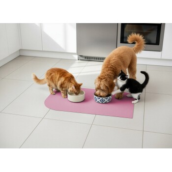 Ein brauner Hund und zwei Katzen, eine orange und eine schwarz-weiße, fressen aus Schalen auf einer rosa Matte in einer Küche.