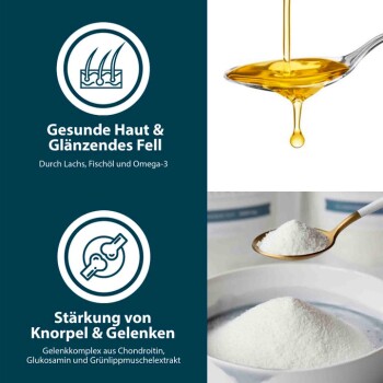 Bild von Nahrungsergänzungsmitteln für Haustiere (Öl und Pulver) mit dem Text: "Gesunde Haut & Glänzendes Fell" und "Gelenke stärken."