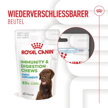 Royal Canin Immunity & Digestion Chews für Welpen, 40 Stück, mit einem braunen Welpen auf der Verpackung und einem wiederverschließbaren Design.
