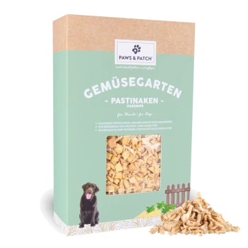 PAWS & PATCH Gemüsegarten – Pastinaken, Hundesnack-Box mit Sichtfenster zeigt getrocknete Stücke und Hundeabbildung