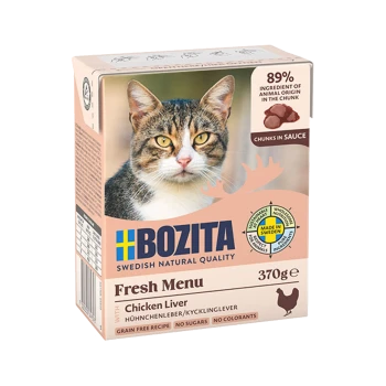 Bozita Fresh Menu Katzenfutter mit Hühnerleber, 370 g, 89 % tierischer Ursprung, hergestellt in Schweden, getreidefrei, ohne Zucker, ohne Farbstoffe.