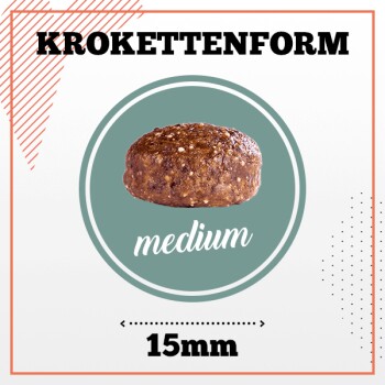 Bild eines mittelgroßen Haustierfutterkibbles, beschriftet mit 'KROKETTENFORM', mit einem Durchmesser von 15 mm, auf einem hellen Hintergrund dargestellt.