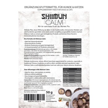 Ergänzungsfutter für Hunde und Katzen, Shiimun Calm, mit Shiitake-Pilzen, mit Anwendungshinweisen und Vorteilen zur Stresslinderung.