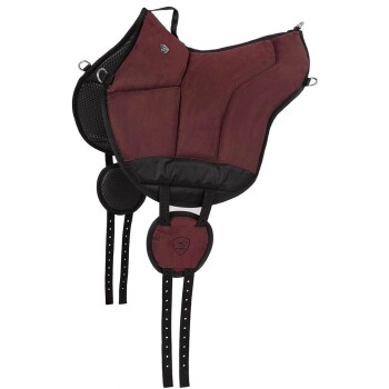 Ein burgunderfarbener Haustiergeschirr mit gepolsterten Abschnitten und schwarzem Mesh-Detail, mit verstellbaren Riemen und einem Logo-Emblem.