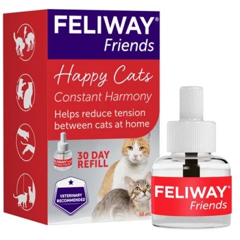 FELIWAY Friends box with 48 mL bottle labeled "Happy Cats Constant Harmony," promoting tension reduction and marked "30 DAY REFILL."