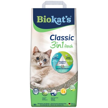 Biokat's Classic 3in1 Frische Katzenstreu-Packung mit entspanntem Katzenmotiv, 'Hygiene Formula'-Abzeichen, '60 Days'-Symbol und 18L-Angabe.