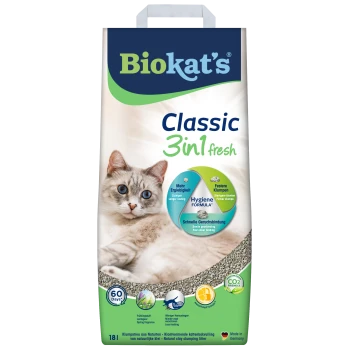 Biokat's Classic 3-in-1 verse kattenbakvulling zak met relaxte kat, 'Hygiene Formula' schildje, pictogram '60 Days' en 18L-label.
