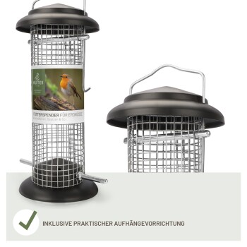 Erdnussfütterer für Vögel, mit einem Metallgitterdesign und einem schwarzen Deckel. Enthält ein praktisches Aufhängesystem.