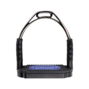 Schwarzer Pferdesteg mit einer strukturierten Gummifußplatte und ergonomischen Griffen, mit einem blauen Logo, das 'SPRENGER' liest.