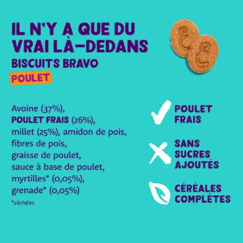 Biscuits Bravo pour animaux de compagnie sur un fond turquoise, mettant en avant des ingrédients comme le poulet, l'avoine, le millet et sans sucres ajoutés.
