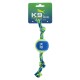 K9 Fitness Hundespielzeug mit einem blauen und grünen geflochtenen Seil und einem runden Ball, auf dem "K9 FITNESS" steht.