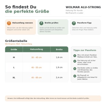 Größenübersicht für WOLMAR ALU-STRONG Hundehalsband: Halsumfang M 30–45 cm, L 40–55 cm, XL 45–65 cm; Breiten 1,6–2,4 cm.