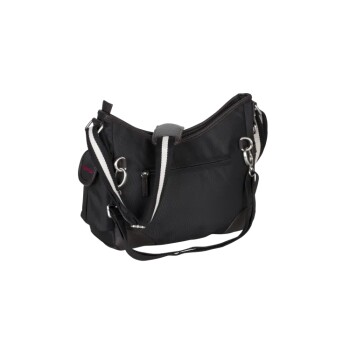 Schwarze Tragetasche für Haustiere mit Schultergurt, mit einem Reißverschluss oben und einer Seitentasche, entworfen für Bequemlichkeit und Stil.