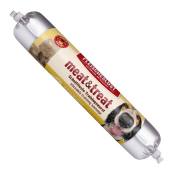 Silberne, folienverpackte Trainingswurst für Hunde mit der Aufschrift 'meat&treat', 'FLEISCHESLUST'-Logo und Hundebild.