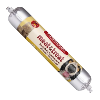 Silberne, folienverpackte Trainingswurst für Hunde mit der Aufschrift 'meat&treat', 'FLEISCHESLUST'-Logo und Hundebild.