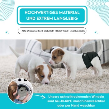 Zwei verspielte Welpen drinnen, einer in einer schwarzen Windel. Das Produkt ist langlebig, schnelltrocknend und maschinenwaschbar bei 40-60°C.