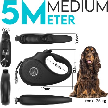 Schwarze, einziehbare Hundeleine, 5 Meter lang, geeignet für mittelgroße Hunde bis 25 kg, mit beschrifteten Abmessungen und Gewicht.