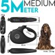 Schwarze, einziehbare Hundeleine, 5 Meter lang, geeignet für mittelgroße Hunde bis 25 kg, mit beschrifteten Abmessungen und Gewicht.