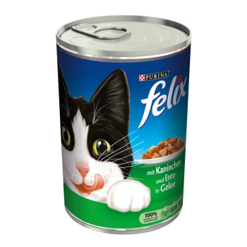 Eine Dose Purina Felix Katzenfutter mit einem schwarz-weißen Katzenetikett, das besagt "mit Kaninchen und Ente in Gelee" und "100% komplett und ausgewogen."