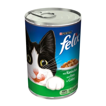 Een blik Purina Felix kattenvoer met een zwart-witte kat label, met de tekst 'mit Kaninchen und Ente in Gelee' en '100% komplett und ausgewogen.'