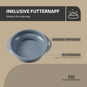 Graue Silikon-Haustierfutterschüssel mit der Aufschrift "INKLUSIVE FUTTERNAPF," ideal für Reisen und platzsparend, erhältlich in drei Farben.