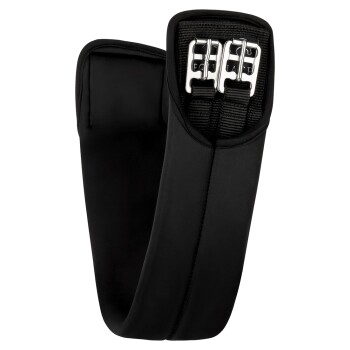 Schwarzes Haustiergeschirr mit doppelten Metallschnallen und verstellbaren Riemen, entworfen für Komfort und Sicherheit.