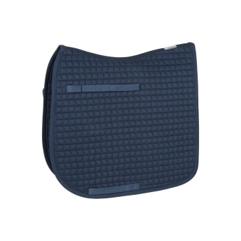 Navyblaue, gesteppten Sattelunterlage mit zwei Befestigungsriemen, entworfen für den Reitsport.
