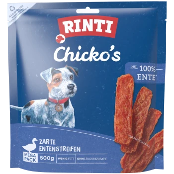 Blauer RINTI Chicko's Hundesnack-Beutel mit gezeichnetem Hund, Entenstreifen und Text „100% ENTE“, „Zarte Entenstreifen“, „Mega Pack 500 g“.