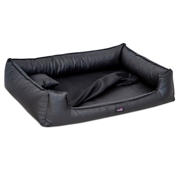 Schwarzes Haustierbett mit erhöhten Rändern und einem weichen Innenraum, mit einem kleinen Kissen auf einer Seite.