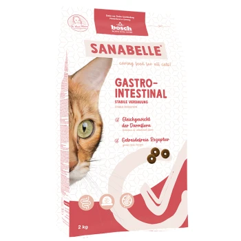 Sanabelle Katzenfutterbeutel (2 kg) mit der Aufschrift "GASTRO-INTESTINAL", mit dem Gesicht einer Katze und der Förderung einer stabilen Verdauung und einer getreidefreien Rezeptur.