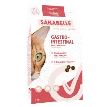 Sanabelle Katzenfutterbeutel (2 kg) mit der Aufschrift "GASTRO-INTESTINAL", mit dem Gesicht einer Katze und der Förderung einer stabilen Verdauung und einer getreidefreien Rezeptur.